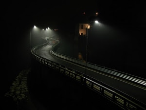 strada, lampioni, notte, curve, luci, notturno, casa, guardrail, curva, lampione, finestre