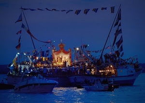 barche, mare, bandiere, devozione, processione, blu, luci, notte, croce