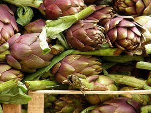 carciofi, foglie, legno, verdura, verde, gambi, cassetta, spine, cibo