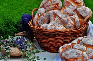 fiori, pane, cesto, verde, foglie, prato, erba, pani, cibo, cestino